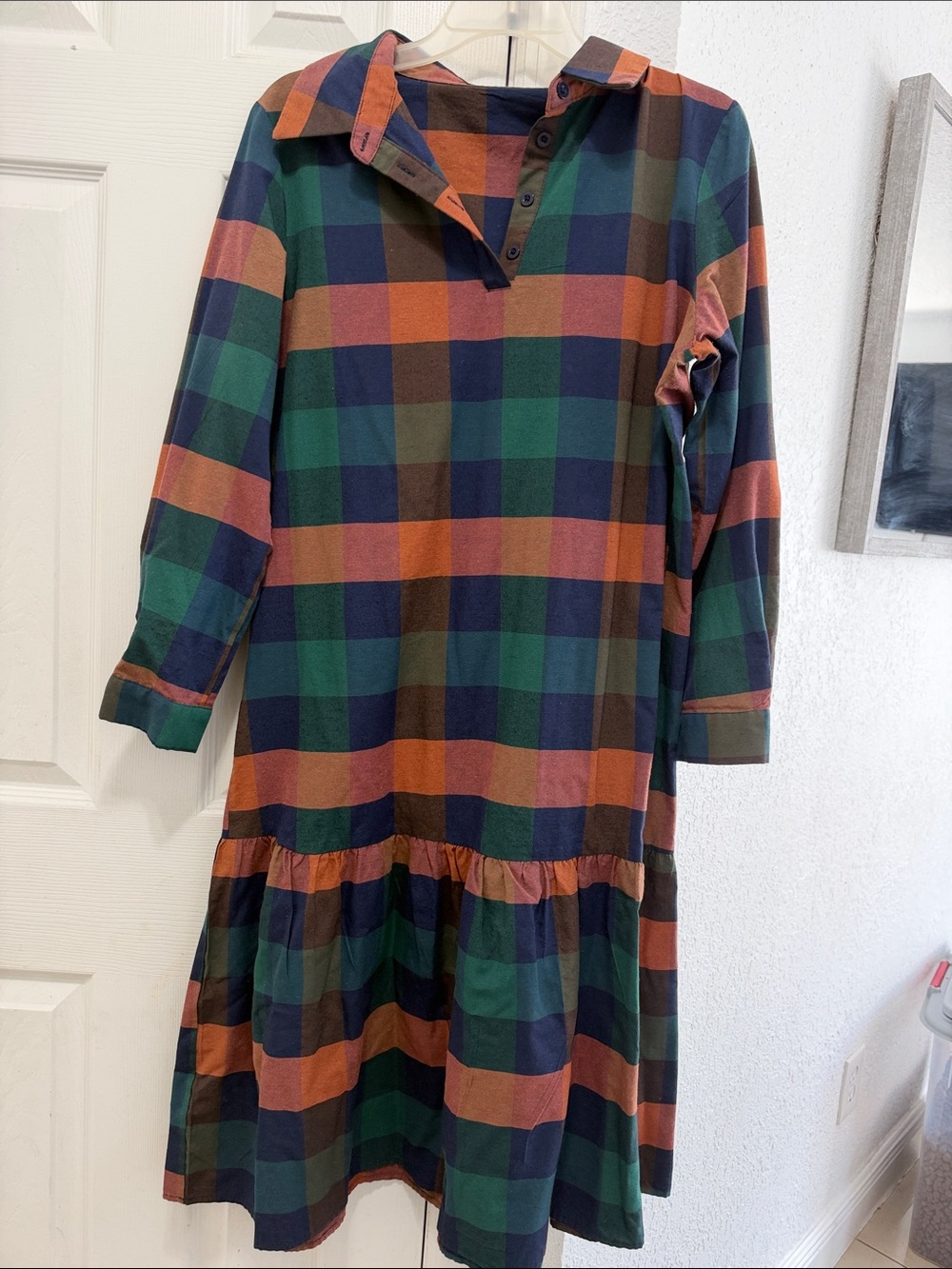 Girls Plaid Long-Sleeve Tiered Dress - Green, Navy & Orange